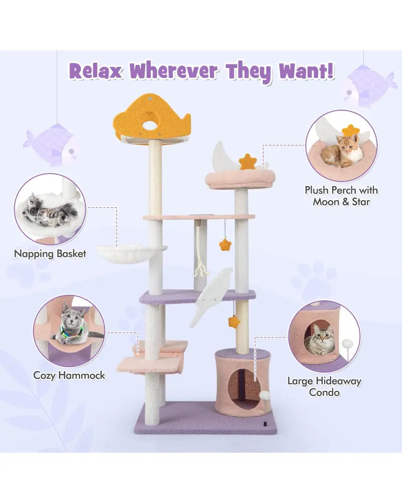 66 Inch Cute Cat Tree Cats Multi-level Tall Cat Tower with Sisal Covered Scratching Posts-Purple - Purple - Cat Trees