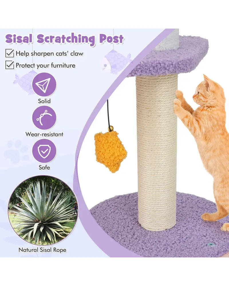 66 Inch Cute Cat Tree Cats Multi-level Tall Cat Tower with Sisal Covered Scratching Posts-Purple - Purple - Cat Trees