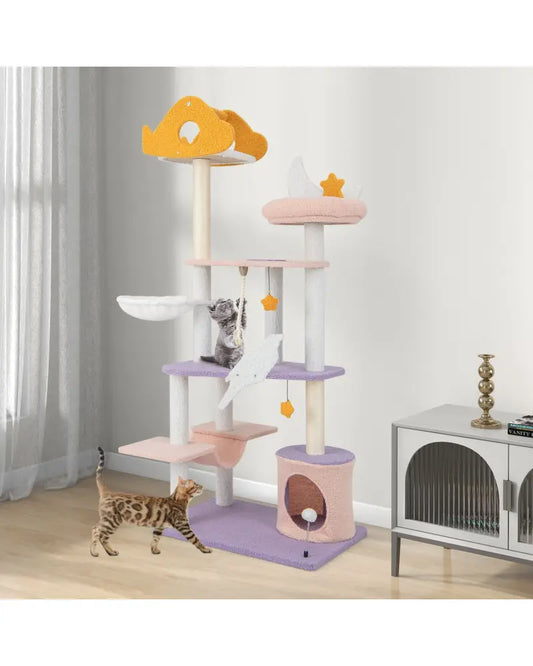 66 Inch Cute Cat Tree Cats Multi-level Tall Cat Tower with Sisal Covered Scratching Posts-Purple - Purple - Cat Trees
