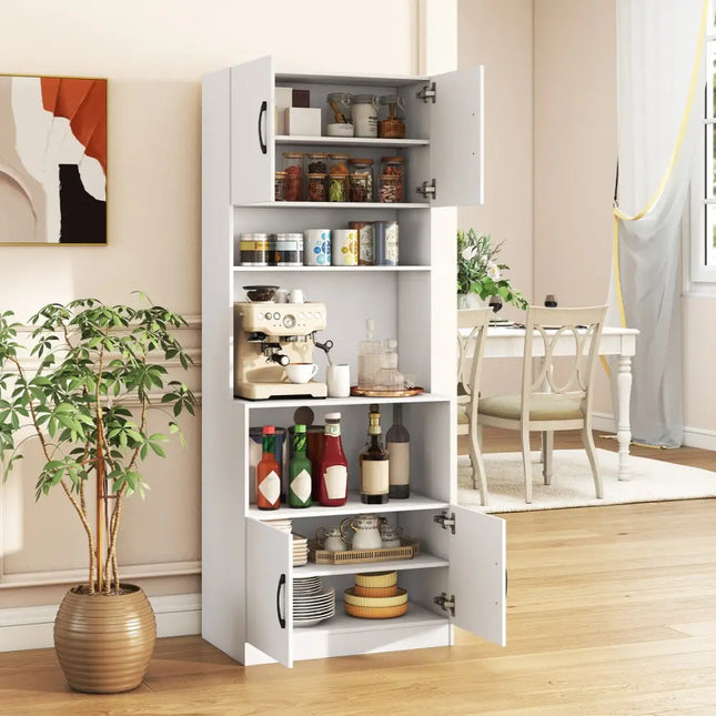 66 Inch Kitchen Pantry Cabinet with Charging Station and Adjustable Shelves for Dining Room-White - White - Sideboards