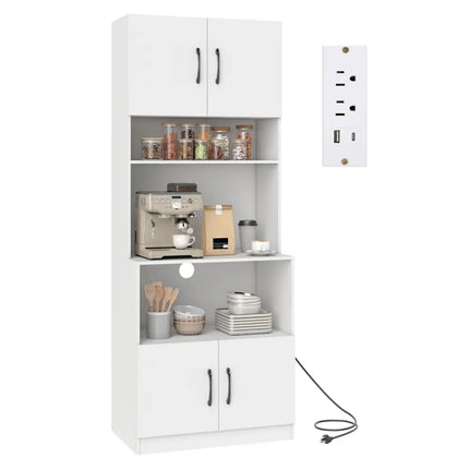 66 Inch Kitchen Pantry Cabinet with Charging Station and Adjustable Shelves for Dining Room-White - White - Sideboards