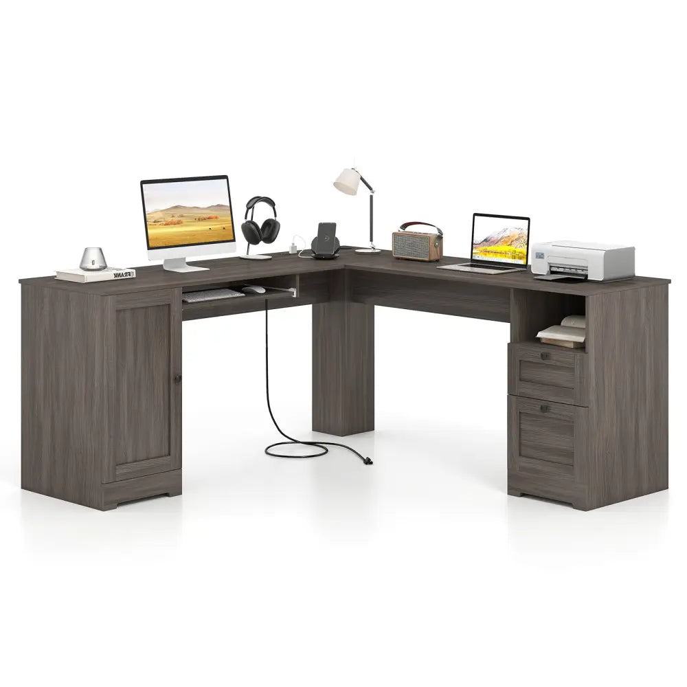 66 Inch L-Shaped Computer Desk-Dark Gray - Dark Gray - L-Shaped Desks