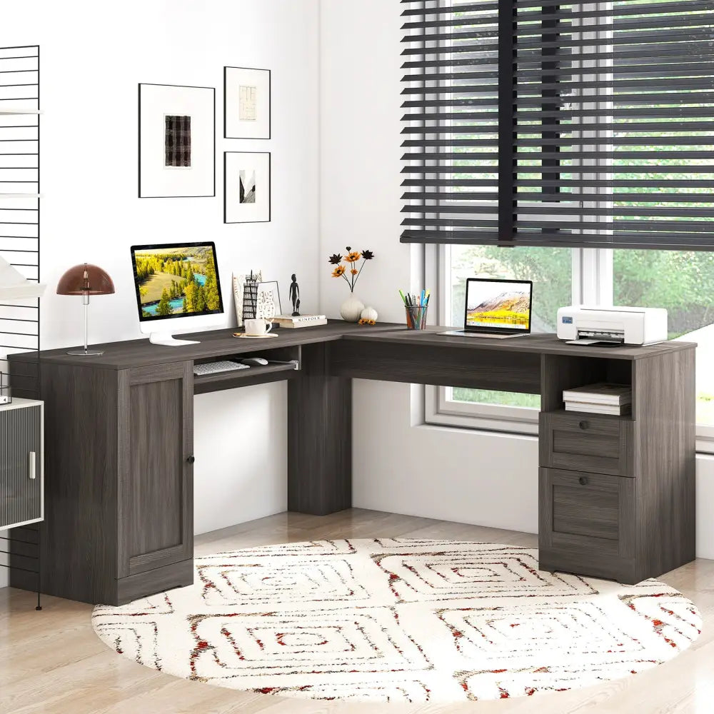 66 Inch L-Shaped Computer Desk-Dark Gray - Dark Gray - L-Shaped Desks