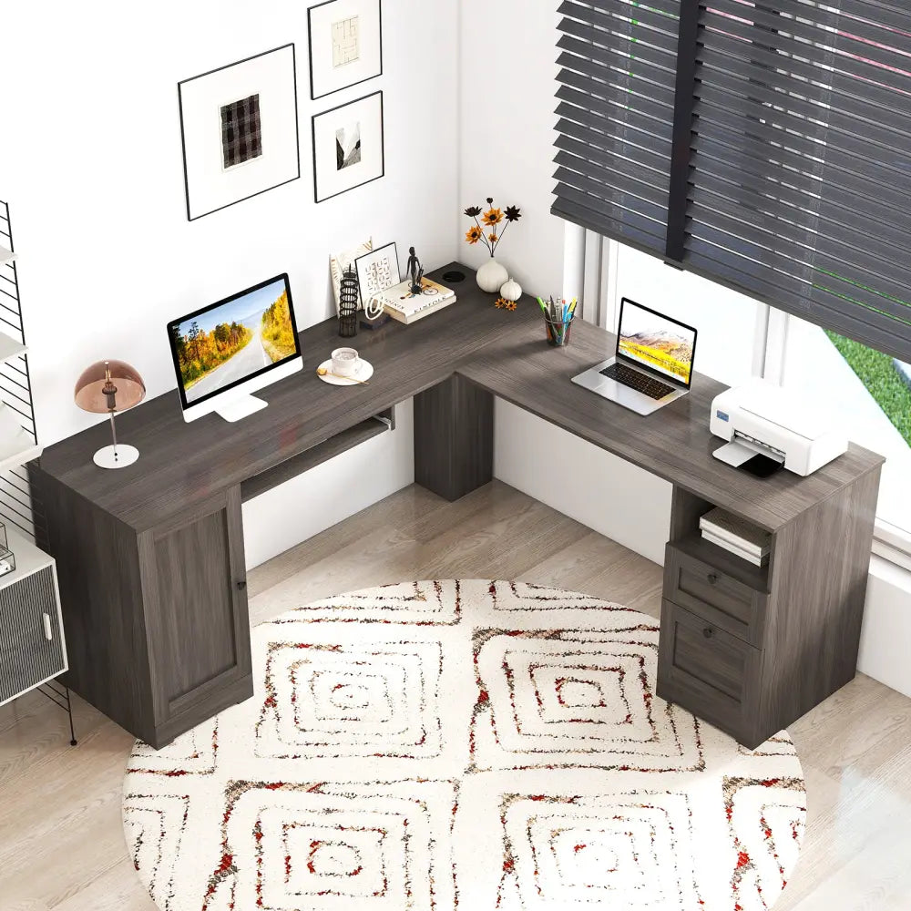 66 Inch L-Shaped Computer Desk-Dark Gray - Dark Gray - L-Shaped Desks