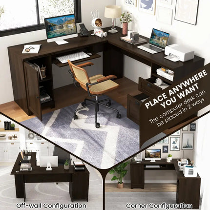 66 Inch L-Shaped Writing Study Workstation Computer Desk with Drawers-Coffee - Dark Brown - L-Shaped Desks