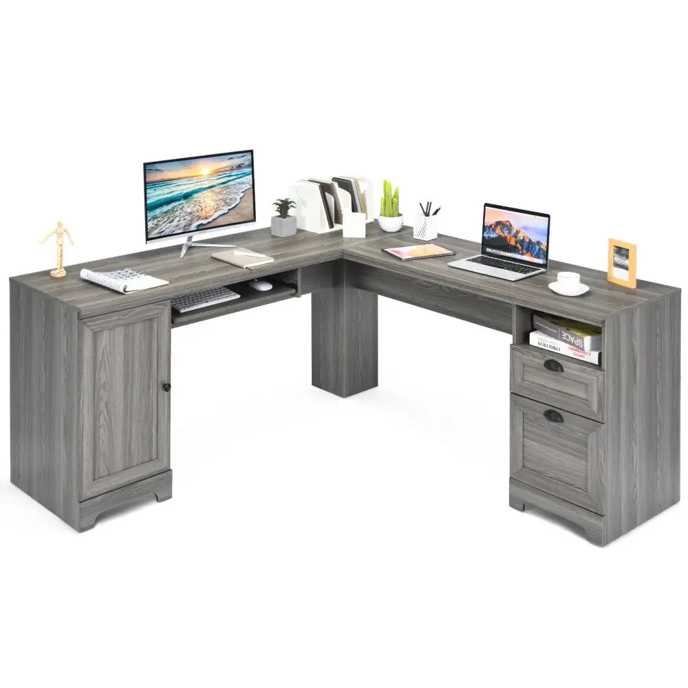 66 Inch L-Shaped Writing Study Workstation Computer Desk with Drawers-Gray - Brown - L-Shaped Desks