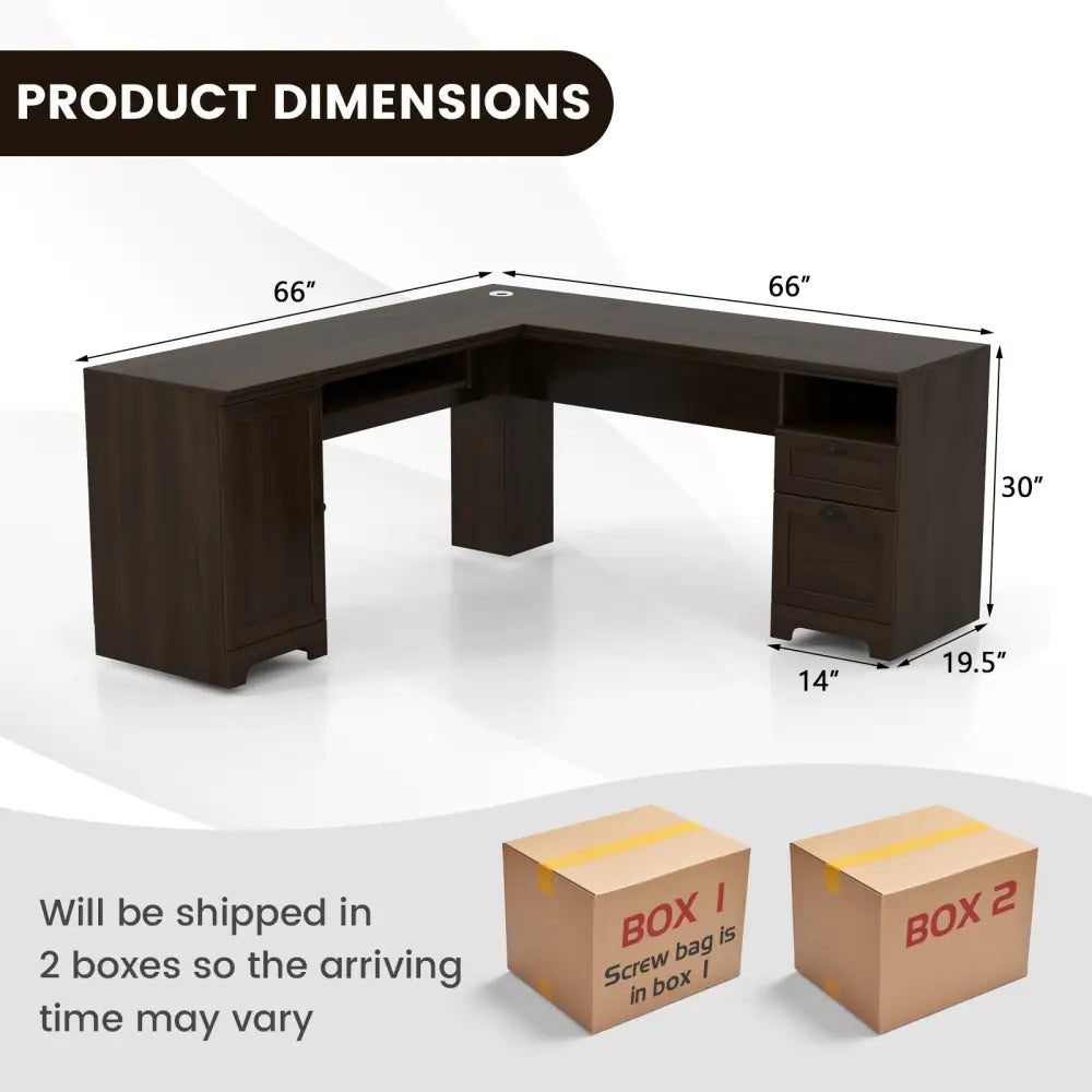 66 Inch L-Shaped Writing Study Workstation Computer Desk with Drawers-Coffee - Dark Brown - L-Shaped Desks