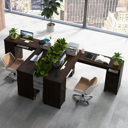 66 Inch L-Shaped Writing Study Workstation Computer Desk with Drawers-Coffee - Dark Brown - L-Shaped Desks