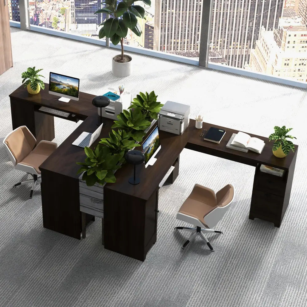 66 Inch L-Shaped Writing Study Workstation Computer Desk with Drawers-Coffee - Dark Brown - L-Shaped Desks