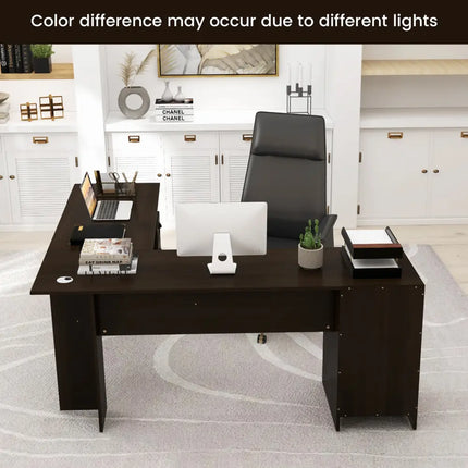 66 Inch L-Shaped Writing Study Workstation Computer Desk with Drawers-Coffee - Dark Brown - L-Shaped Desks
