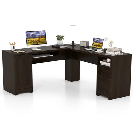 66 Inch L-Shaped Writing Study Workstation Computer Desk with Drawers-Coffee - Dark Brown - L-Shaped Desks