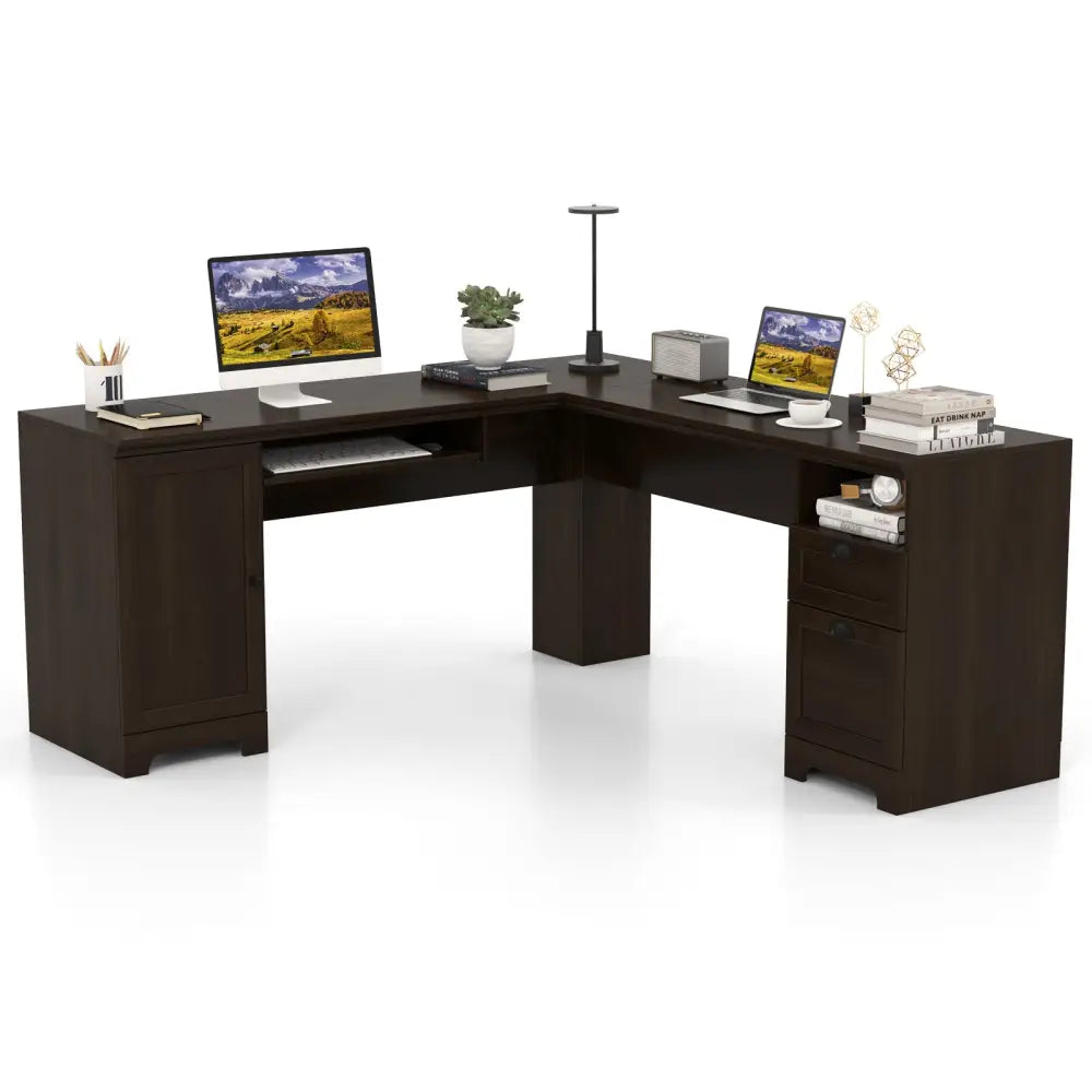 66 Inch L-Shaped Writing Study Workstation Computer Desk with Drawers-Coffee - Dark Brown - L-Shaped Desks