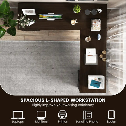 66 Inch L-Shaped Writing Study Workstation Computer Desk with Drawers-Coffee - Dark Brown - L-Shaped Desks