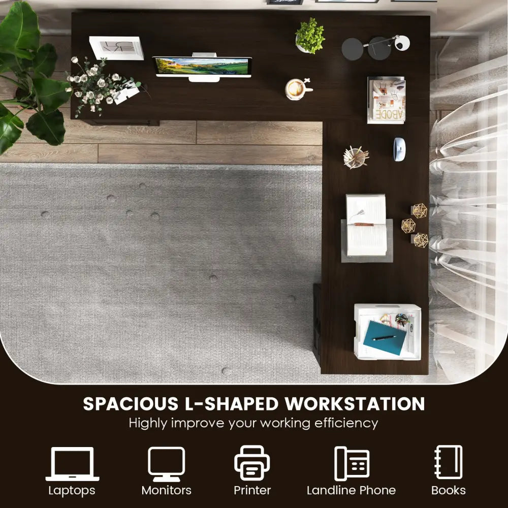 66 Inch L-Shaped Writing Study Workstation Computer Desk with Drawers-Coffee - Dark Brown - L-Shaped Desks
