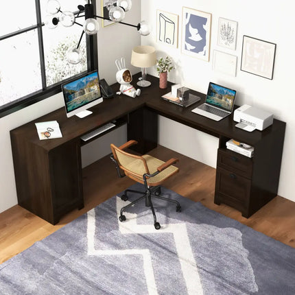 66 Inch L-Shaped Writing Study Workstation Computer Desk with Drawers-Coffee - Dark Brown - L-Shaped Desks