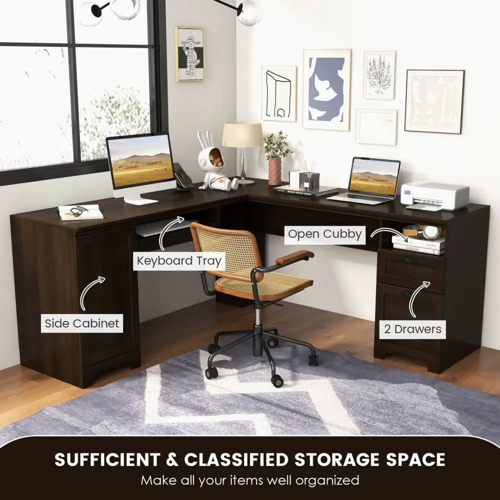 66 Inch L-Shaped Writing Study Workstation Computer Desk with Drawers-Coffee - Dark Brown - L-Shaped Desks