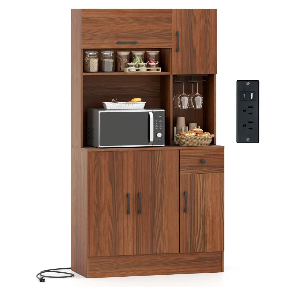 66 inch Pantry Cabinet with Charging Station and Microwave Stand-Brown - Brown - Sideboards Cabinets & Buffets