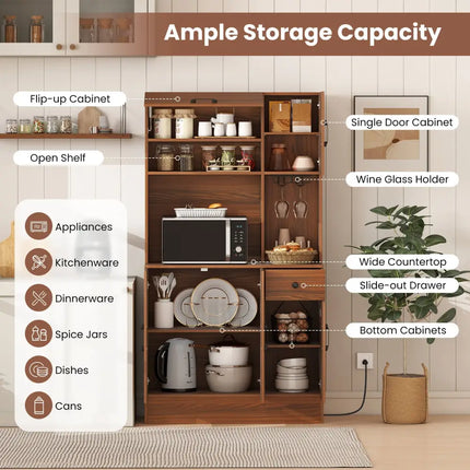 66 inch Pantry Cabinet with Charging Station and Microwave Stand-Brown - Brown - Sideboards Cabinets & Buffets