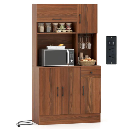 66 inch Pantry Cabinet with Charging Station and Microwave Stand-Brown - Brown - Sideboards Cabinets & Buffets