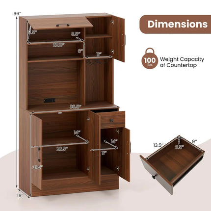 66 inch Pantry Cabinet with Charging Station and Microwave Stand-Brown - Brown - Sideboards Cabinets & Buffets