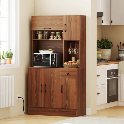 66 inch Pantry Cabinet with Charging Station and Microwave Stand-Brown - Brown - Sideboards Cabinets & Buffets
