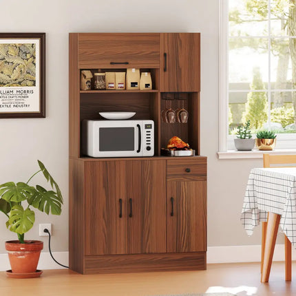 66 inch Pantry Cabinet with Charging Station and Microwave Stand-Brown - Brown - Sideboards Cabinets & Buffets