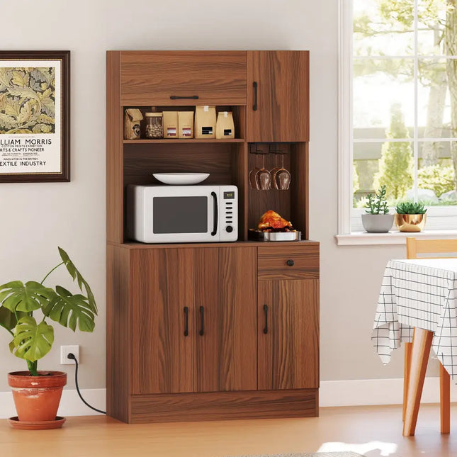 66 inch Pantry Cabinet with Charging Station and Microwave Stand-Brown - Brown - Sideboards Cabinets & Buffets
