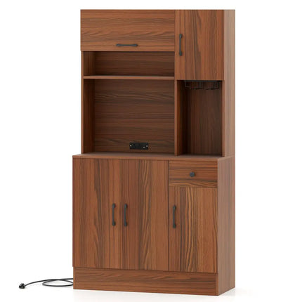 66 inch Pantry Cabinet with Charging Station and Microwave Stand-Brown - Brown - Sideboards Cabinets & Buffets