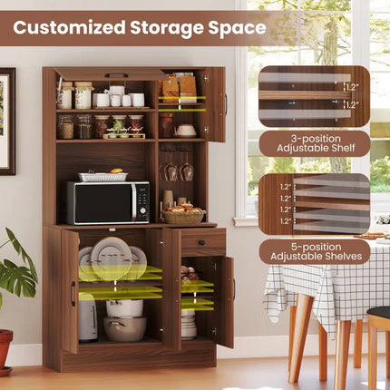 66 inch Pantry Cabinet with Charging Station and Microwave Stand-Brown - Brown - Sideboards Cabinets & Buffets