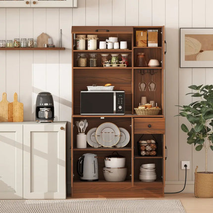66 inch Pantry Cabinet with Charging Station and Microwave Stand-Brown - Brown - Sideboards Cabinets & Buffets