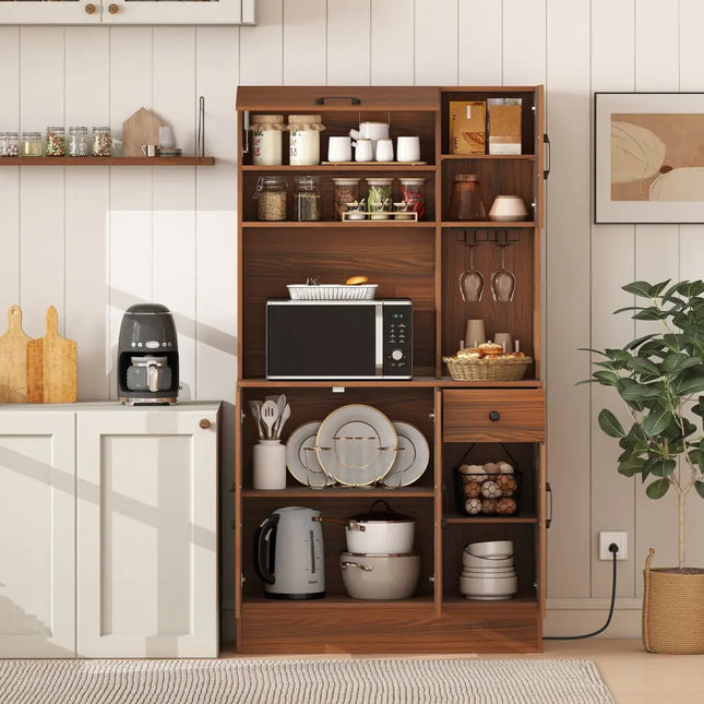 66 inch Pantry Cabinet with Charging Station and Microwave Stand-Brown - Brown - Sideboards Cabinets & Buffets