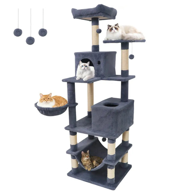 66 Inch Tall Cat Tree Multi - Level Cat Tower with 2 Condos Sisal Scratching Posts - Dark Gray - Oasis Home Essentials