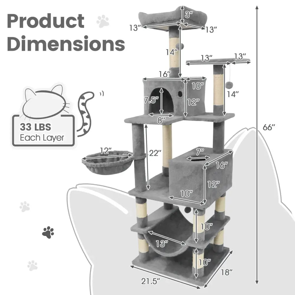66 Inch Tall Cat Tree Multi-Level Cat Tower with 2 Condos Sisal Scratching Posts-Light Gray - Light Gray - Cat Trees