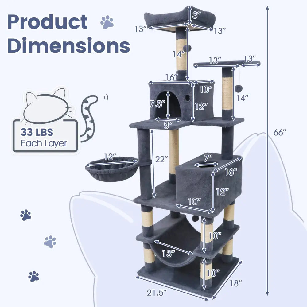 66 Inch Tall Cat Tree Multi-Level Cat Tower with 2 Condos Sisal Scratching Posts-Dark Gray - Dark Gray - Cat Trees