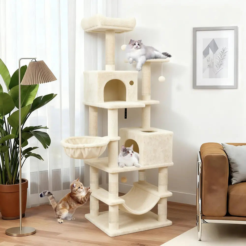 66 Inch Tall Cat Tree Multi-Level Cat Tower with 2 Condos Sisal Scratching Posts-Beige - Beige - Cat Trees Condos &