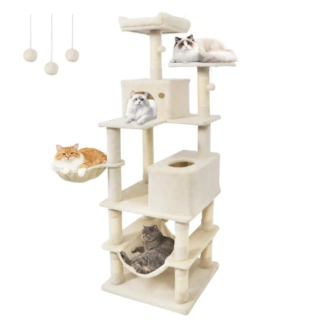 66 Inch Tall Cat Tree Multi - Level Cat Tower with 2 Condos Sisal Scratching Posts - Beige - Oasis Home Essentials