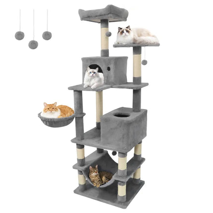 66 Inch Tall Cat Tree Multi - Level Cat Tower with 2 Condos Sisal Scratching Posts - Light Gray - Oasis Home Essentials