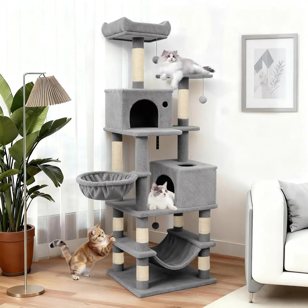 66 Inch Tall Cat Tree Multi-Level Cat Tower with 2 Condos Sisal Scratching Posts-Light Gray - Light Gray - Cat Trees
