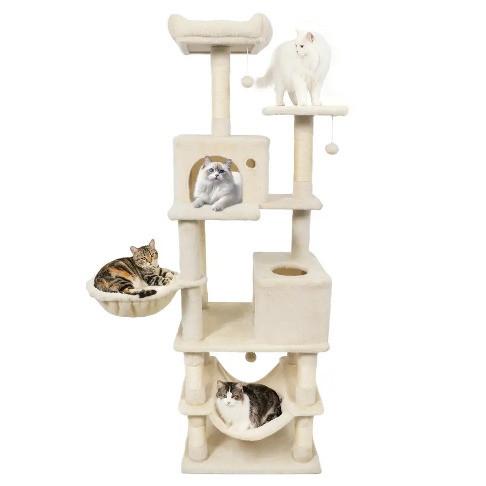 66 Inch Tall Cat Tree Multi-Level Cat Tower with 2 Condos Sisal Scratching Posts-Beige - Beige - Cat Trees Condos &