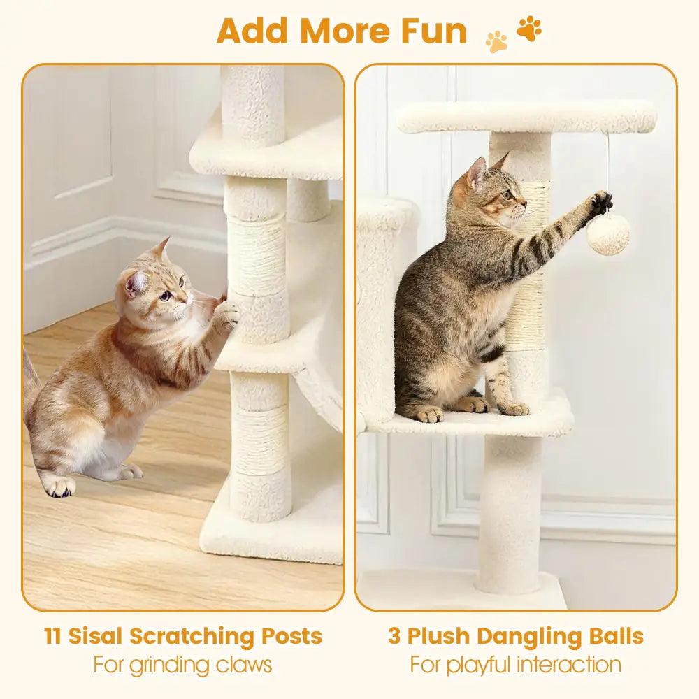66 Inch Tall Cat Tree Multi-Level Cat Tower with 2 Condos Sisal Scratching Posts-Beige - Beige - Cat Trees Condos &