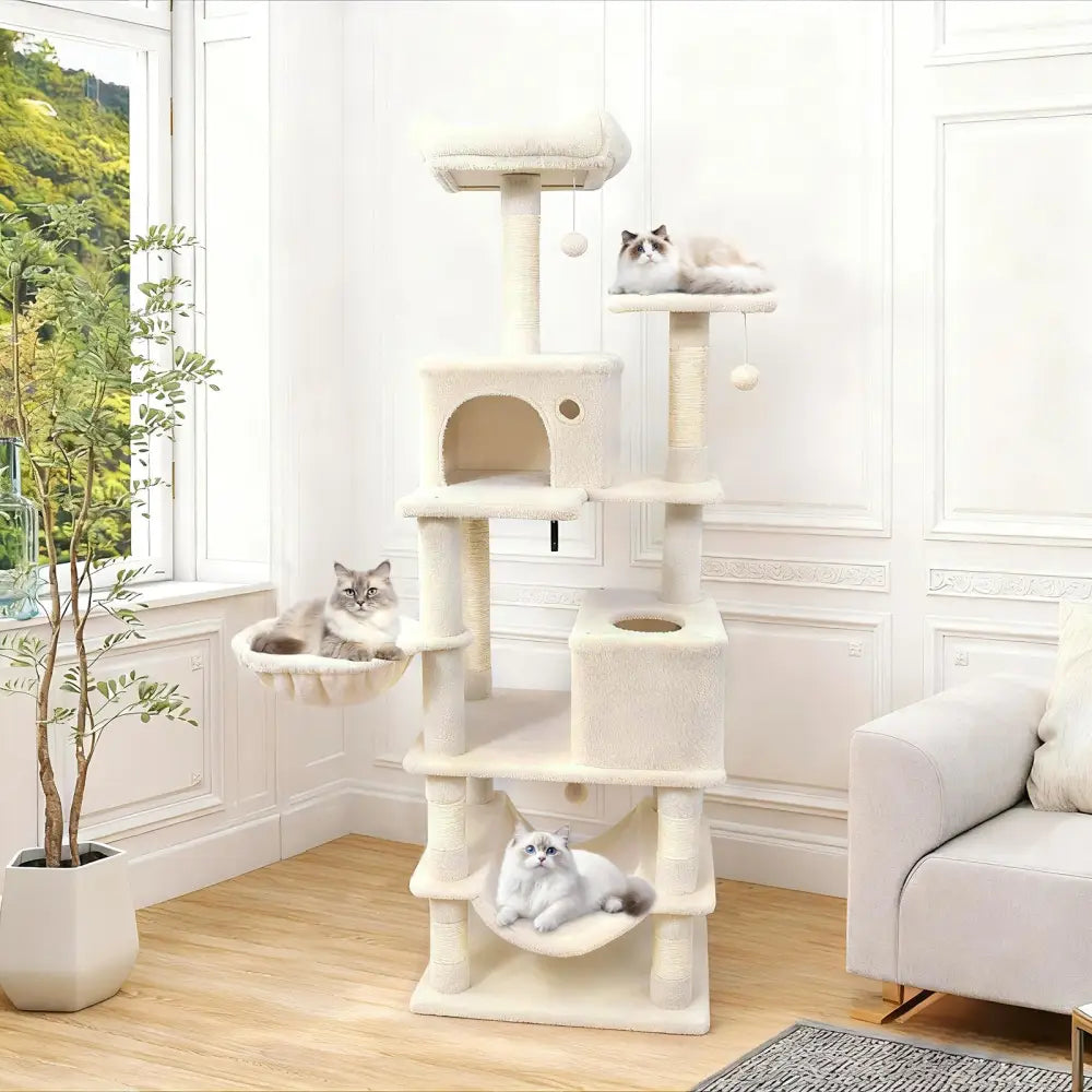 66 Inch Tall Cat Tree Multi-Level Cat Tower with 2 Condos Sisal Scratching Posts-Beige - Beige - Cat Trees Condos &