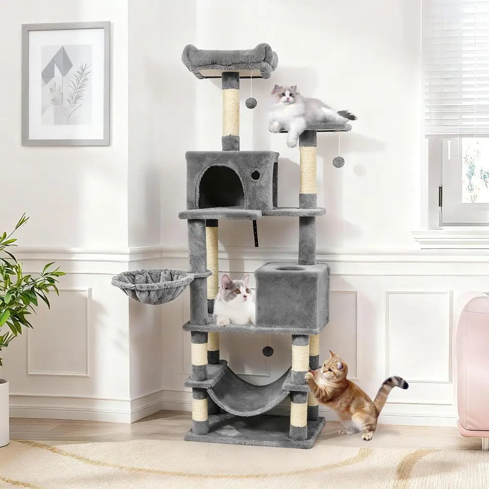 66 Inch Tall Cat Tree Multi-Level Cat Tower with 2 Condos Sisal Scratching Posts-Light Gray - Light Gray - Cat Trees