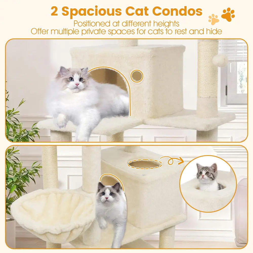 66 Inch Tall Cat Tree Multi-Level Cat Tower with 2 Condos Sisal Scratching Posts-Beige - Beige - Cat Trees Condos &