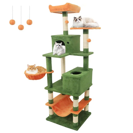 66 Inch Tall Cat Tree Multi-Level Cat Tower with 2 Condos Sisal Scratching Posts-Green - Green - Cat Trees Condos &