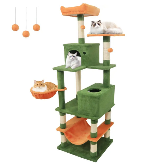 66 Inch Tall Cat Tree Multi-Level Cat Tower with 2 Condos Sisal Scratching Posts-Green - Green - Cat Trees Condos &
