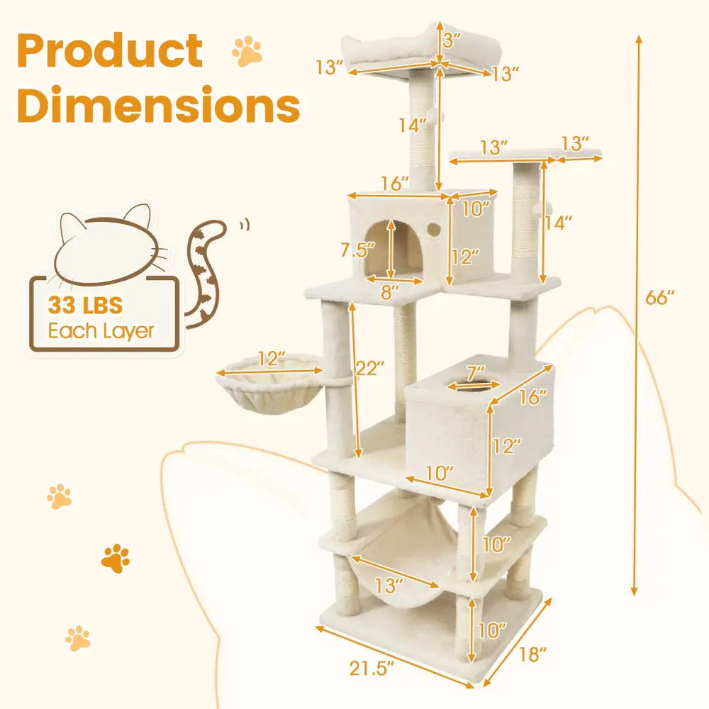 66 Inch Tall Cat Tree Multi-Level Cat Tower with 2 Condos Sisal Scratching Posts-Beige - Beige - Cat Trees Condos &