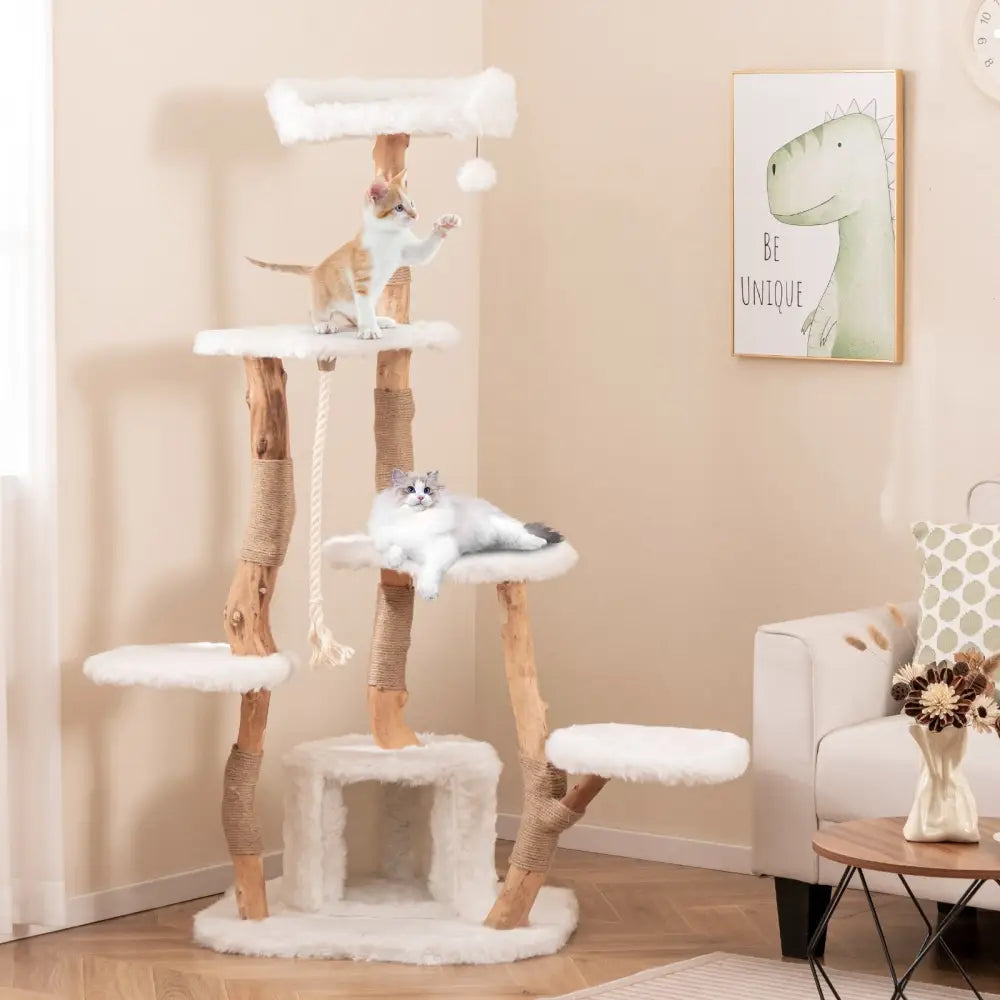 66 Inch Tall Solid Wood Cat Tree Modern Wooden Cat Tower with Perch-White - White - Cat Trees Condos & Scratchers