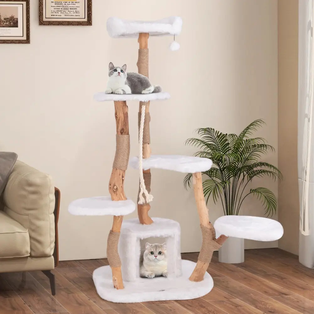 66 Inch Tall Solid Wood Cat Tree Modern Wooden Cat Tower with Perch-White - White - Cat Trees Condos & Scratchers