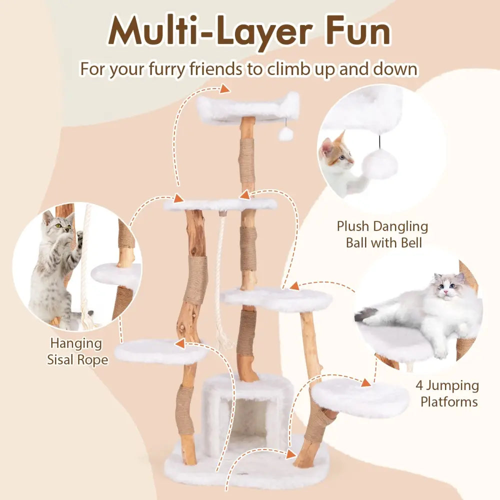 66 Inch Tall Solid Wood Cat Tree Modern Wooden Cat Tower with Perch-White - White - Cat Trees Condos & Scratchers