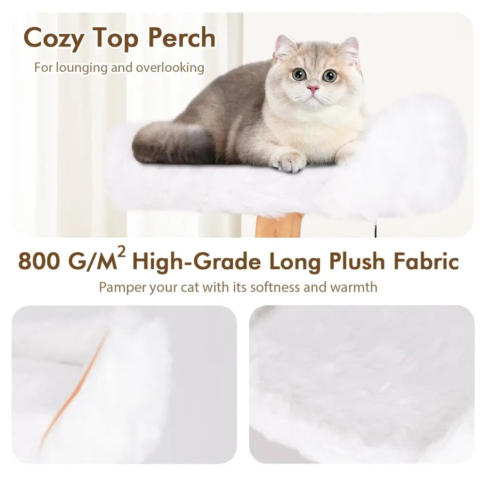 66 Inch Tall Solid Wood Cat Tree Modern Wooden Cat Tower with Perch-White - White - Cat Trees Condos & Scratchers